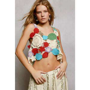 POL Openwork Floral Cropped Crochet Cami